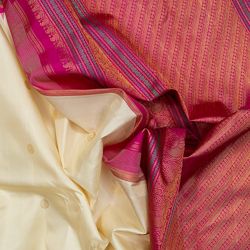 Hayagrivas Handloom Half-White Kanjivaram Silk Saree with Pink Border KBF615G4-1