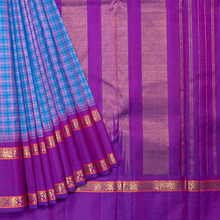 Hayagrivas Handloom Pink &amp; Blue Checks Kanjivaram Silk Saree with Purple Border KBF615G9-1