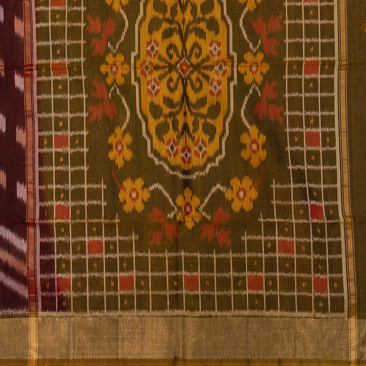 Hayagrivas Dark Marron Ikkat Kora Silk Cotton Saree SSCBF155H1-1