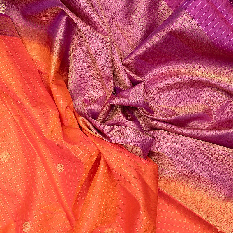 Hayagrivas Handloom Bright Orangish-Pink Kanjivaram Silk Saree with Purple Border KBF695G4-2