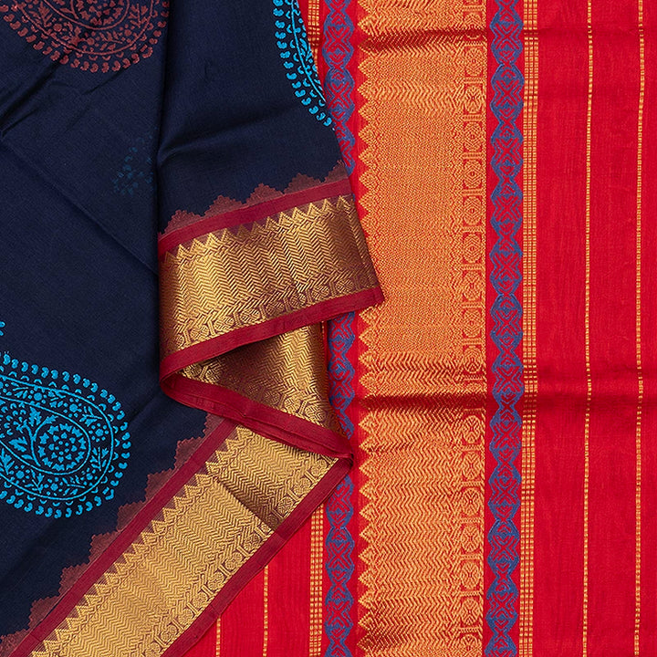Hayagrivas Navy Blue Pure Printed Silk Cotton Saree HBF195E3-7