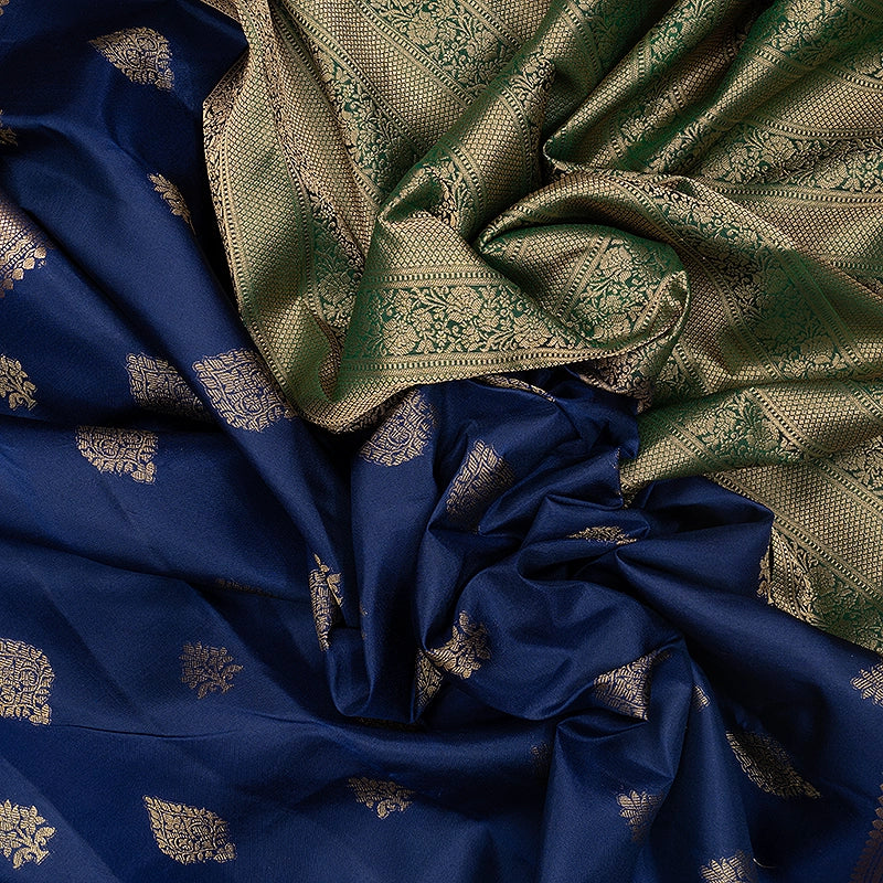 Hayagrivas Handloom Navy Blue Kanjivaram Silk Saree with Bottle Green Border KBF695G11-5
