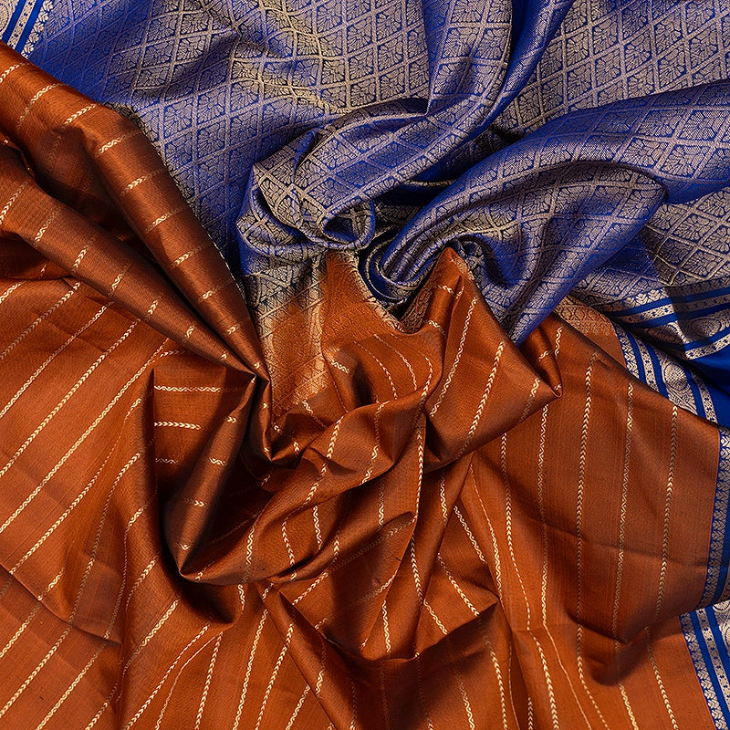 Hayagrivas Handloom Rust Orange Kanjivaram Silk Saree with Blue Border KBF695G10-1