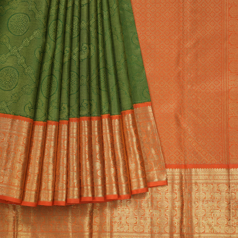 Hayagrivas Handloom Forest Green Kanjivaram Silk Saree with Orange Border BE460-SBS  KBEL460C1-1