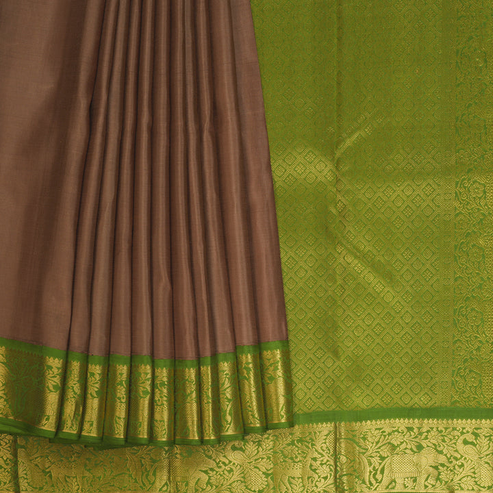 Hayagrivas Handloom Chocolate Brown Kanjivaram Silk Saree with Parrot Green Border KBE2127A3-1