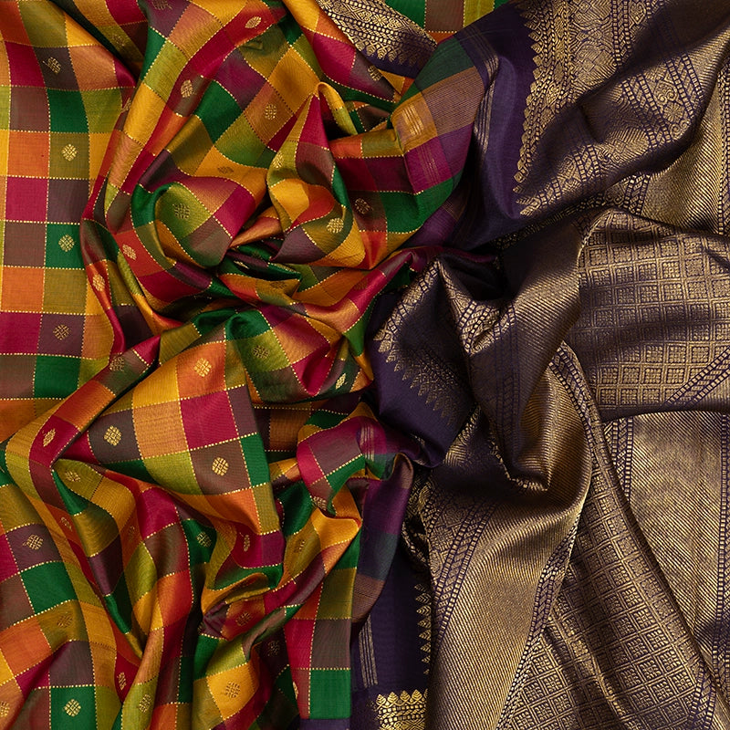 Hayagrivas Handloom Multicolour Checks Kanjivaram Silk Saree with Nagapazham Border KBF251E2-1