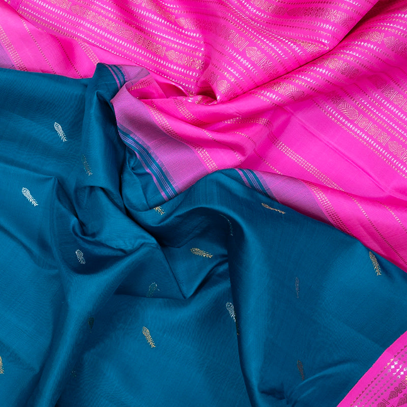 Hayagrivas Handloom Teal Kanjivaram Silk Saree with Fuchsia Pink Border KBF251E5-1