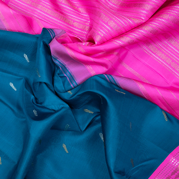 Hayagrivas Handloom Teal Kanjivaram Silk Saree with Fuchsia Pink Border KBF251E5-1