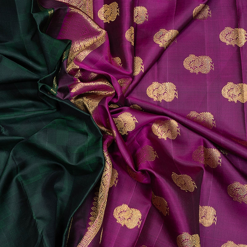 Hayagrivas Handloom Bottle Green &amp; Black (Carpet Checks) Kanjivaram Silk Saree KBF358F3-1