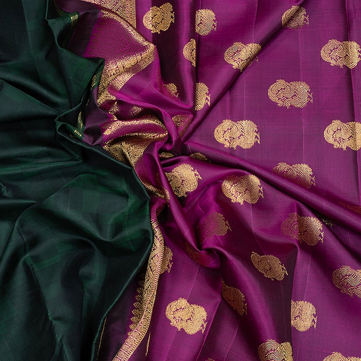 Hayagrivas Handloom Bottle Green &amp; Black (Carpet Checks) Kanjivaram Silk Saree KBF358F3-1