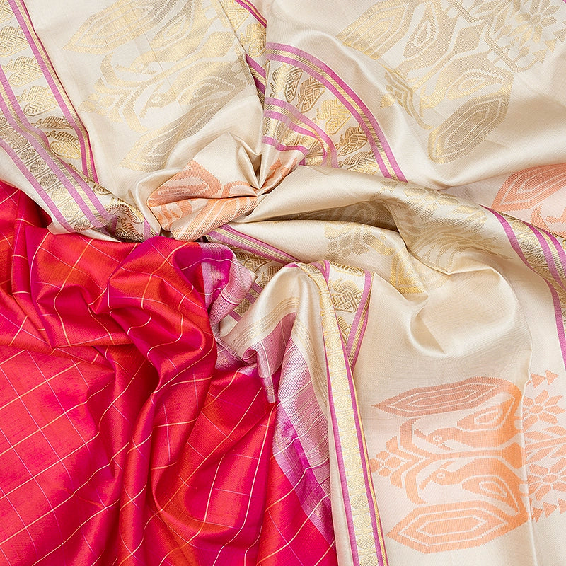 Hayagrivas Handloom Pink Kanjivaram Silk Saree with Half-White Border KBF358F5-1