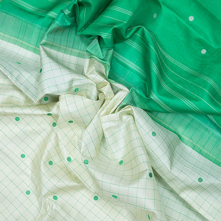 Hayagrivas Handloom Half-White Kanjivaram Silk Saree with Light Green Border KBF479F4-1