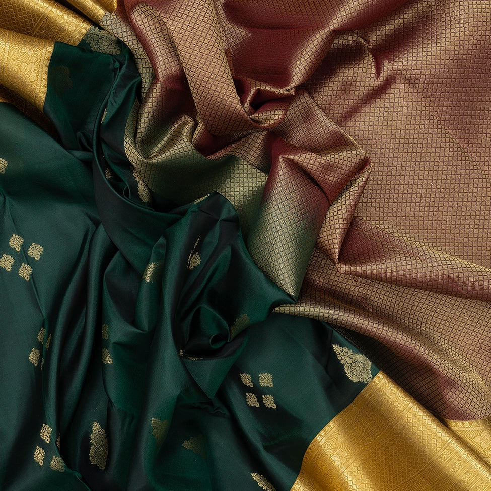 Hayagrivas Handloom Bottle Green Kanjivaram Silk Saree with Mustard Border KBF511F3-7