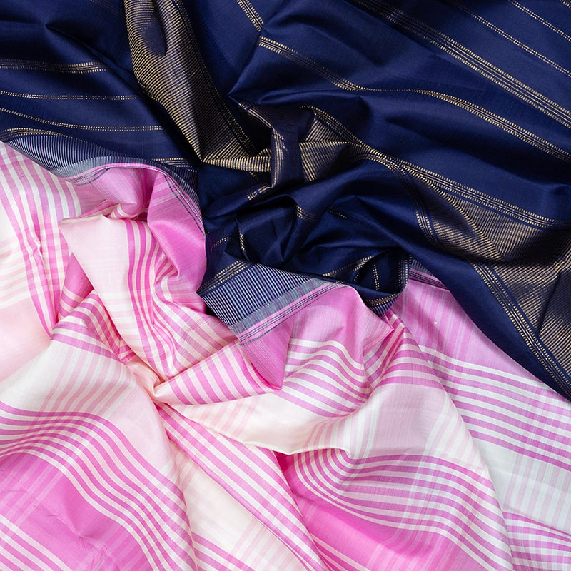 Hayagrivas Handloom Pink &amp; White Checks Kanjivaram Silk Saree with Navy Blue Border KBF518G6-1