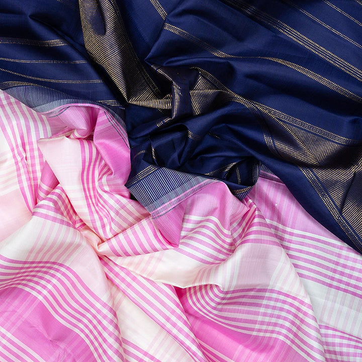 Hayagrivas Handloom Pink &amp; White Checks Kanjivaram Silk Saree with Navy Blue Border KBF518G6-1
