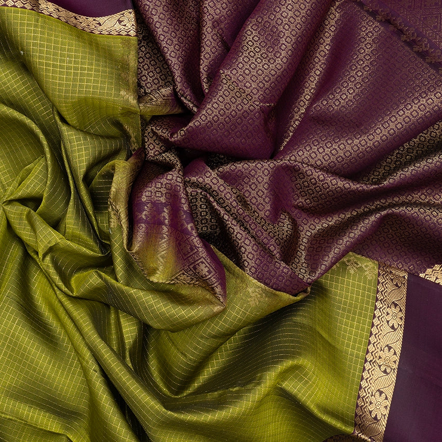 Hayagrivas Handloom Olive Green Kanjivaram Silk Saree with Plum Purple Border KBF556G1-10
