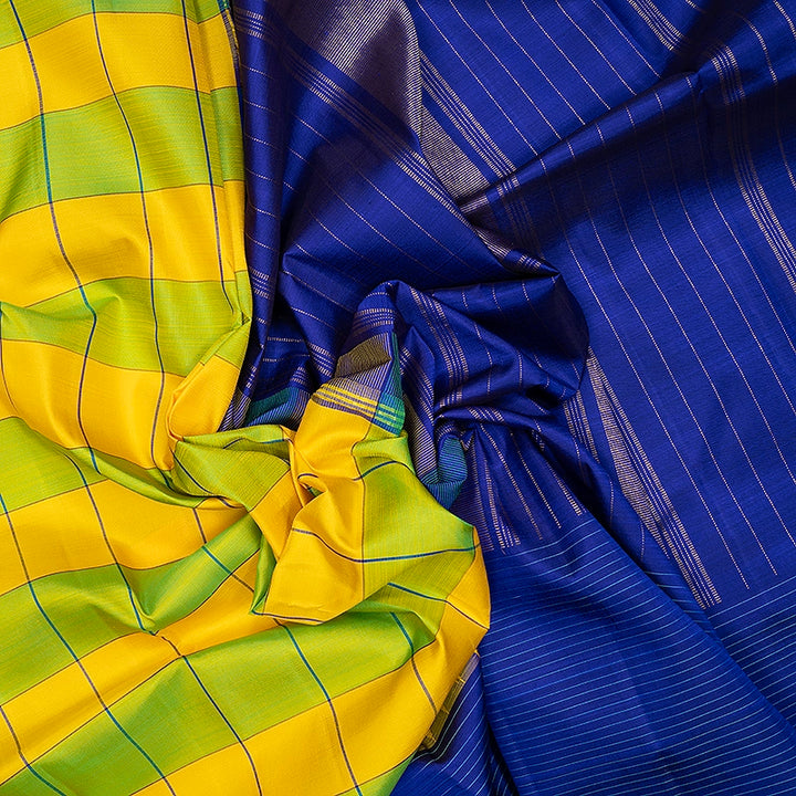 Hayagrivas Handloom Green &amp; Yellow Checks Kanjivaram Silk Saree KBF573G1-1