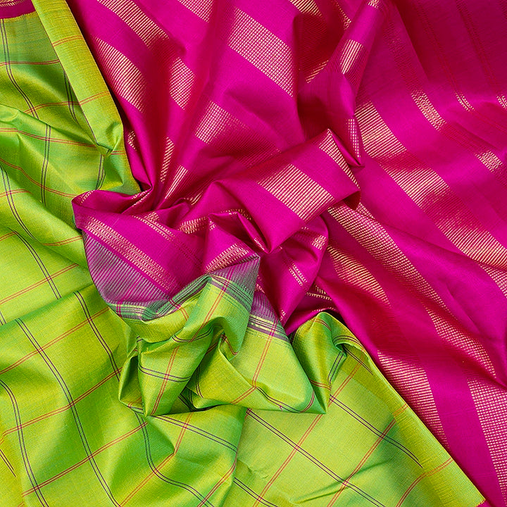 Hayagrivas Handloom Fluorescent Green Kanjivaram Silk Saree with Rani Pink Border KBF573G5-3