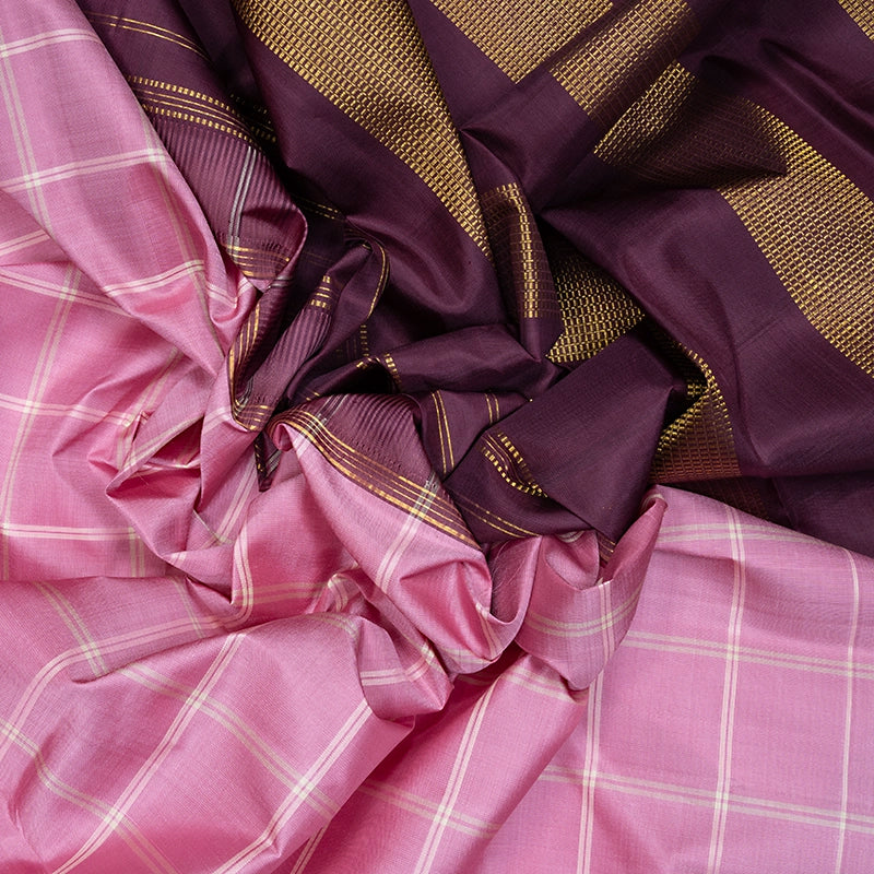 Hayagrivas Handloom Rose Pink Kanjivaram Silk Saree with Burgundy Border KBF597G7-1