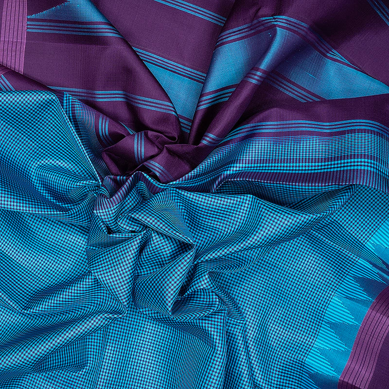 Hayagrivas Handloom Sky Blue &amp; Purple Checks Kanjivaram Silk Saree KBF620G6-3
