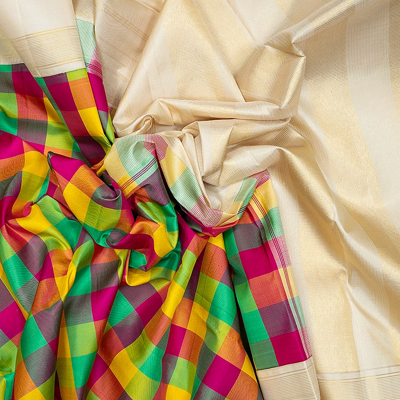 Hayagrivas Handloom Multicolour Checks Kanjivaram Silk Saree with Beige Border KBF638G1-3