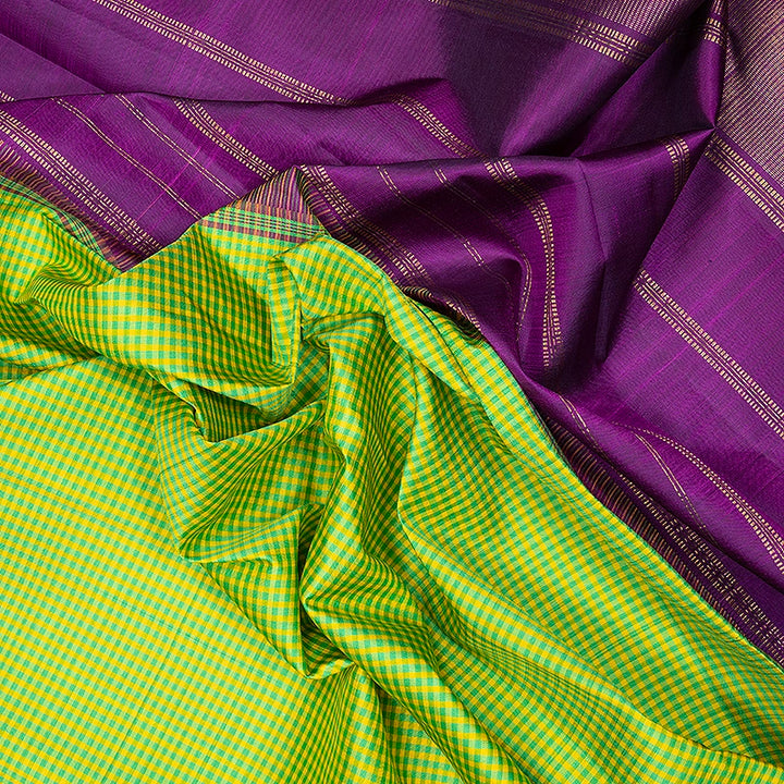 Hayagrivas Handloom Green &amp; Yellow Checks Kanjivaram Silk Saree with Purple Border KBF638G4-1