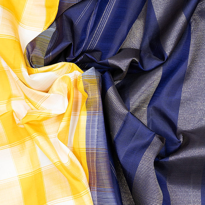 Hayagrivas Handloom Yellow &amp; Half-White Checks Kanjivaram Silk Saree with Purplish Blue Border KBF638G4-3