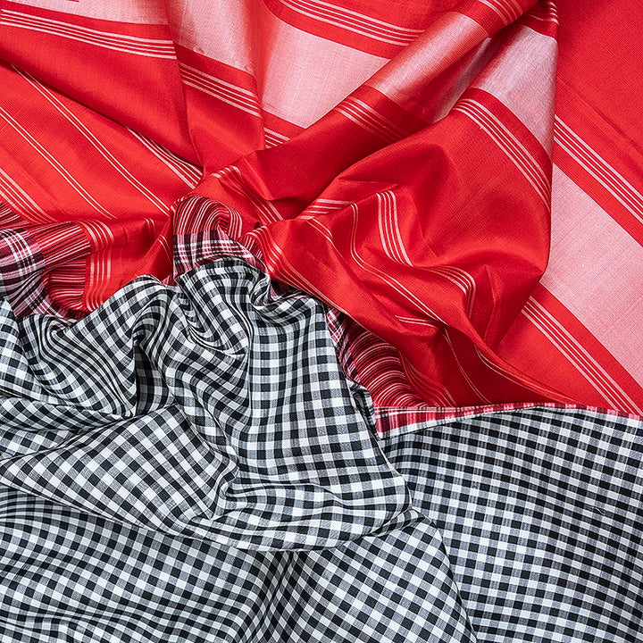 Hayagrivas Handloom Black &amp; White Checks Kanjivaram Silk Saree with Red Border KBF638G4-4