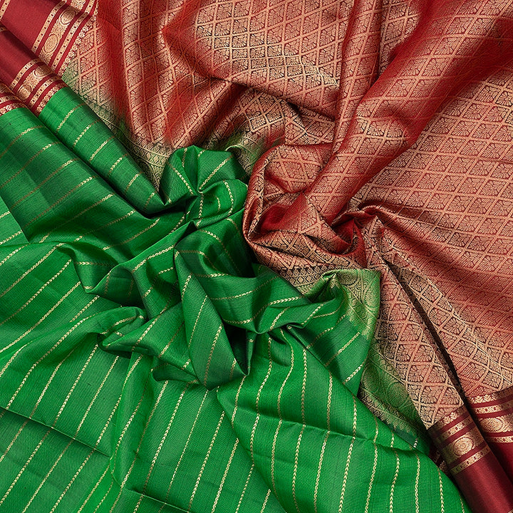 Hayagrivas Handloom Meenakshi Green Kanjivaram Silk Saree with Araku Red Border KBF695G10-5