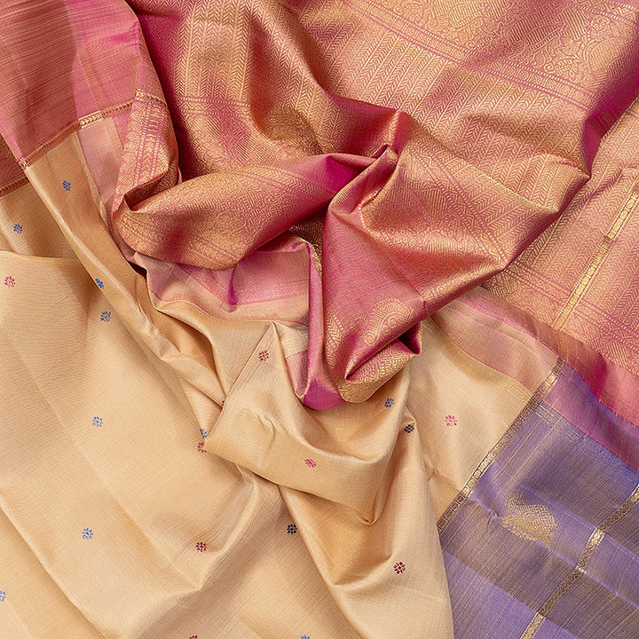 Hayagrivas Handloom Beige Kanjivaram Silk Saree with Pink Border KBF719G3-1