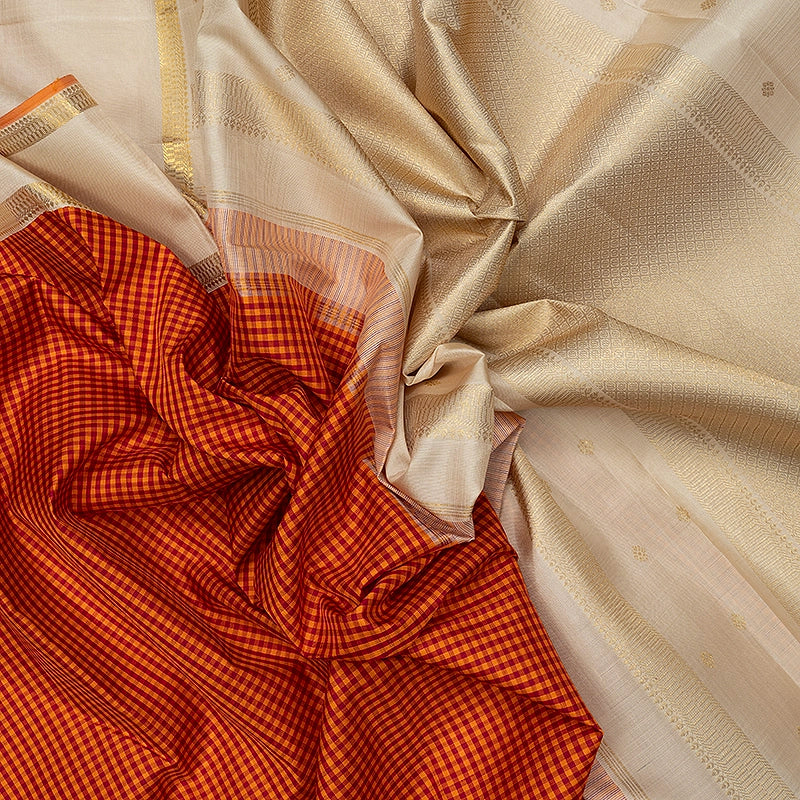 Hayagrivas Handloom Red &amp; Orange Checks Kanjivaram Silk Saree with Ivory Border KBF719G4-1