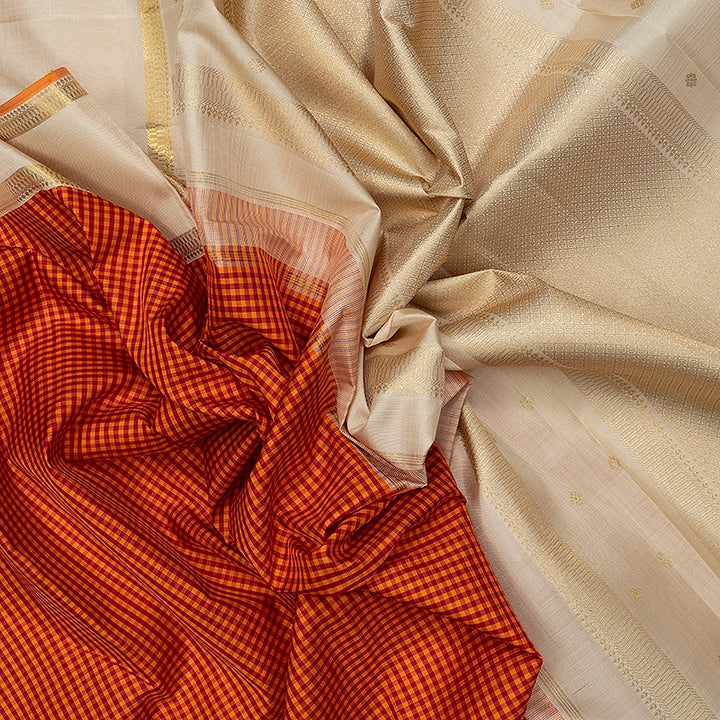 Hayagrivas Handloom Red &amp; Orange Checks Kanjivaram Silk Saree with Ivory Border KBF719G4-1