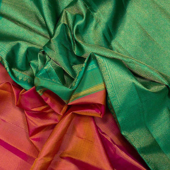 Hayagrivas Handloom Orangish Pink Kanjivaram Silk Saree with Parrot Green Border KBF727G3-3