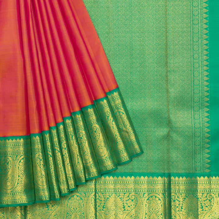 Hayagrivas Handloom Orangish-Pink Kanjivaram Silk Saree with Meenakshi Green Border KBF741H2-1