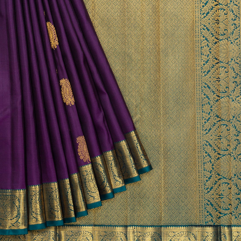 Hayagrivas Handloom Purple Kanjivaram Silk Saree with Peacock Green Border KBF741H4-1