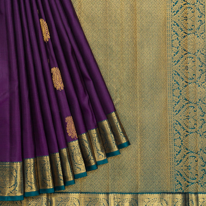 Hayagrivas Handloom Purple Kanjivaram Silk Saree with Peacock Green Border KBF741H4-1