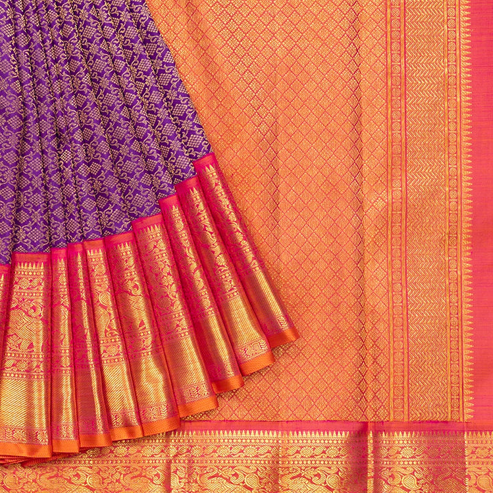 Hayagrivas Handloom Purple Kanjivaram Silk Saree with Orangish-Pink Border KBF741H5-1