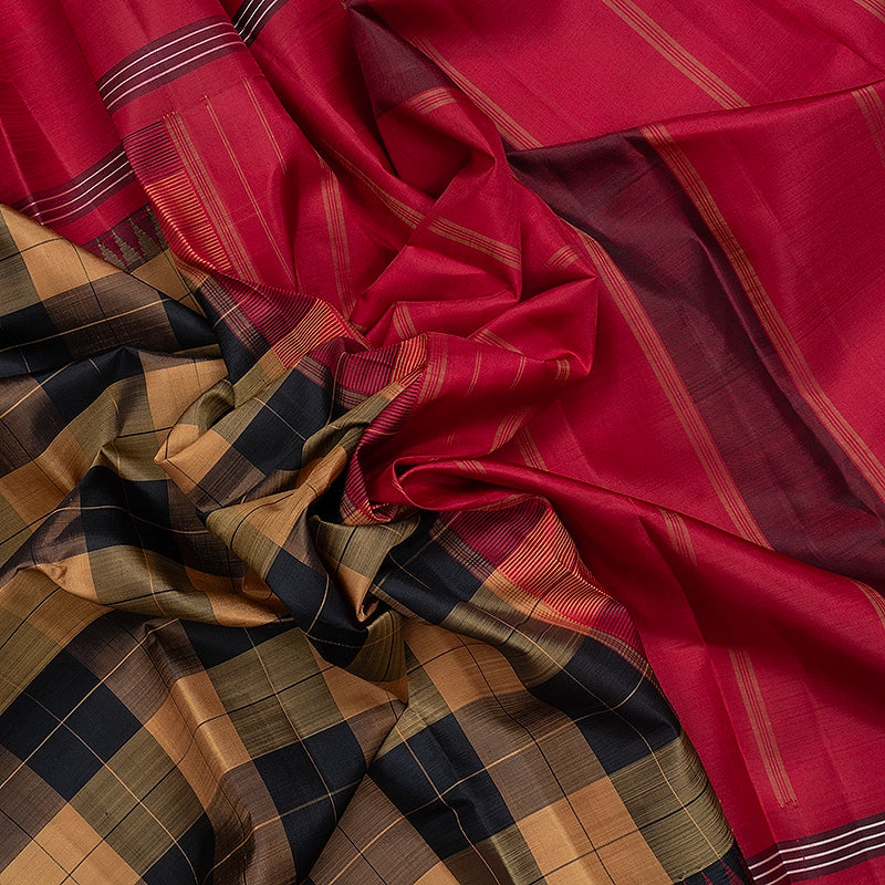 Hayagrivas Handloom Khaki Brown &amp; Black Checks Kanjivaram Silk Saree with Maroon Border KBF742H1-1