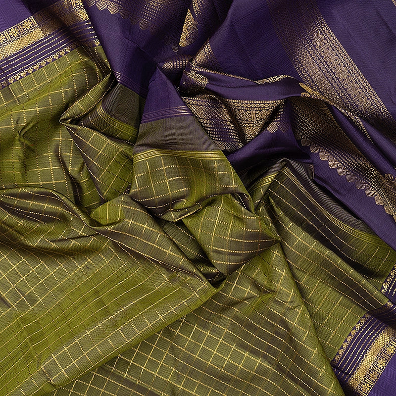 Hayagrivas Handloom Olive Green Kanjivaram Silk Saree with Purple Border KBF742H12-1