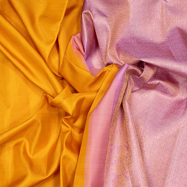 Hayagrivas Handloom Turmeric Yellow Kanjivaram Silk Saree with Baby Pink Border KBF763H3-1