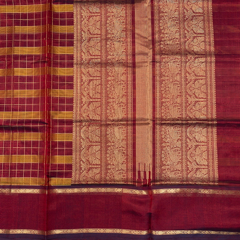 Hayagrivas Maroon &amp; Mustard Checks Kanchi Silk Cotton Saree SSCBF179I13-5