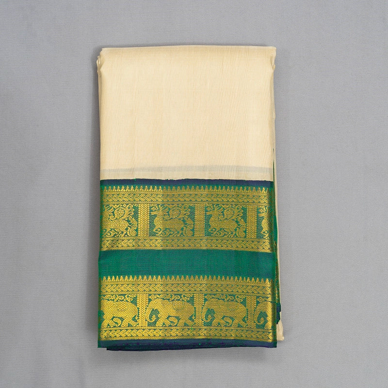 Hayagrivas Handloom Half-White Kanjivaram Silk Saree with Peacock Green Border KBF473F2-2