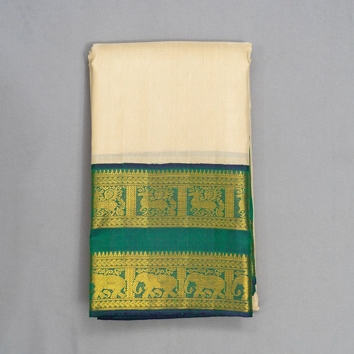 Hayagrivas Handloom Half-White Kanjivaram Silk Saree with Peacock Green Border KBF473F2-2