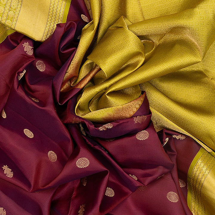 Hayagrivas Handloom Wine Maroon Kanjivaram Silk Saree with Lime Green Border KBF695G7-7