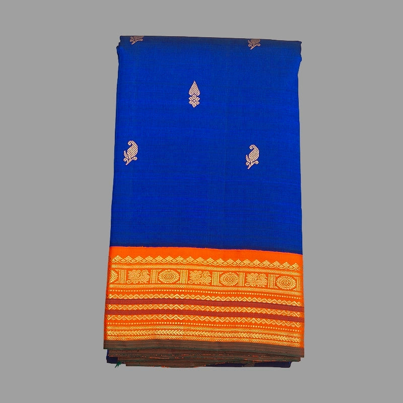 Hayagrivas Handloom MS Blue Kanjivaram Silk Saree with Orange Border KBF356f10-2
