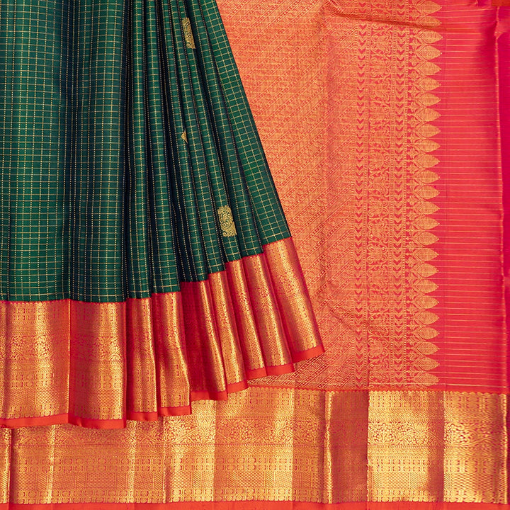 Hayagrivas Handloom Bottle Green Kanjivaram Silk Saree with Orangish-Pink Border KBF433F16-1