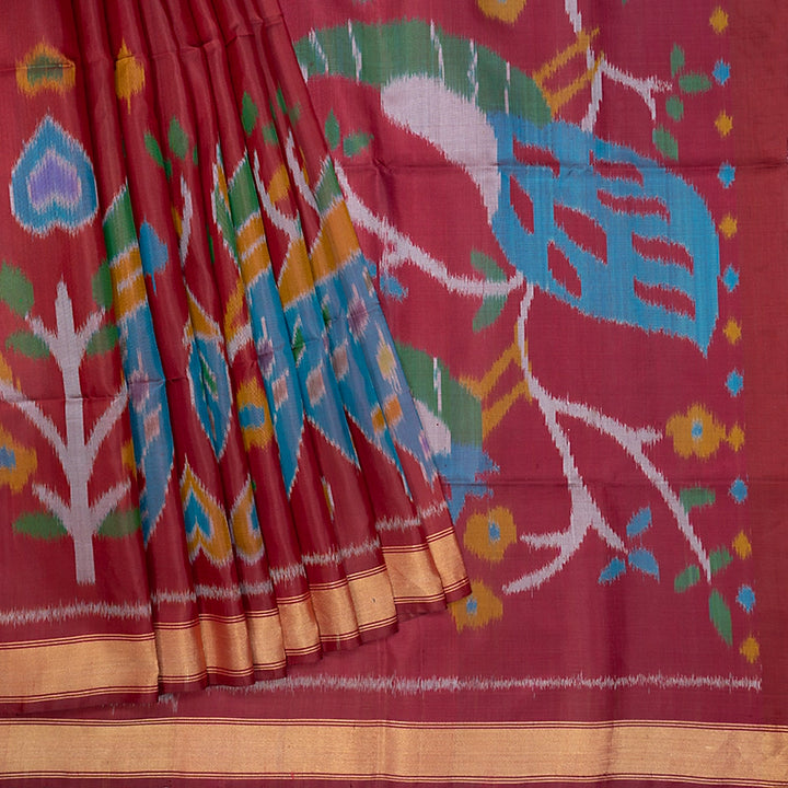 Hayagrivas Dark Maroon Handloom Ikkat Soft Silk Saree KBF55D1-14
