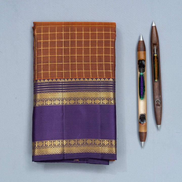 Hayagrivas Handloom Rust Orange Kanjivaram Silk Saree with Purple Border KBF719G7-1