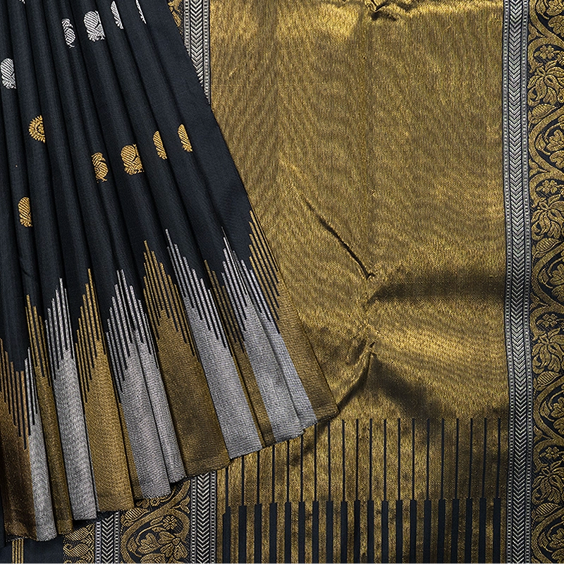 Hayagrivas Handloom Black Kanjivaram Silk Saree Temple Border KBF221E6-1