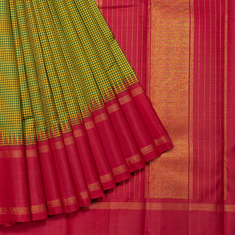 Hayagrivas Handloom Green &amp; Yellow Kanjivaram Silk Saree with Maroon Border KBF481F2-1